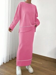 EURMUSE Women Solid Color Round Neck Drop Shoulder Stripe Pattern Pullover & Sweater Skirt Set - Baby Pink - View 6
