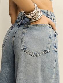 Daynim Calça Jeans Feminina Super Wide Leg Pantalona Cintura Alta Vintage - Lavagem Média - Visão 10