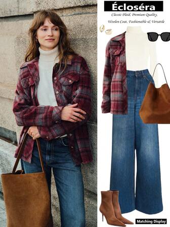 Écloséra 2025 Autumn Women's Clothing Loose Versatile Retro High Quality Wool Lining Thickened Plaid Long-Sleeved Shirt Regular Women's Jacket Women's Autumn And Winter Series Autumn And Winter Women's Clothing Jacket Winter Jacket