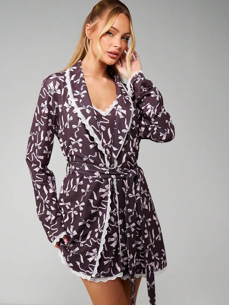 MISSGUIDED Blumen-Muster Spitzenbesatz Wickelrobe mit Bindegürtel, Langarm Satin Loungewear