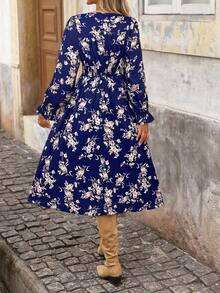 Brillora 女式花卉印花褶皱长袖抽绳腰休闲中长连衣裙 - 藍色 - 查看 2