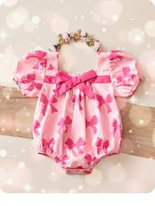 新生女婴可爱蝴蝶结短袖连体衣，夏季百搭粉色