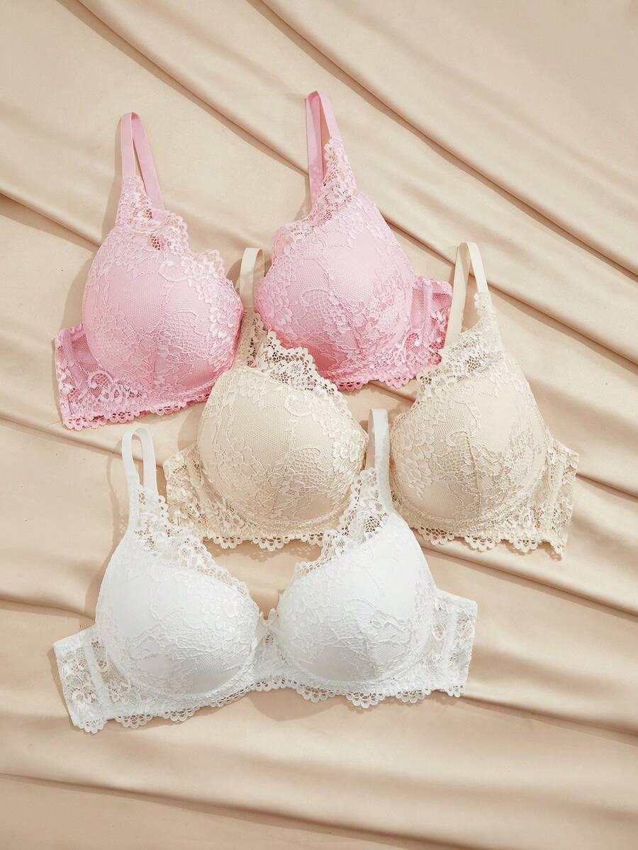 SHEIN 3pcs/Set Sexy French Lace Underwire Bras For Women, Lift And Support Small Bust - Multicolor - View 1