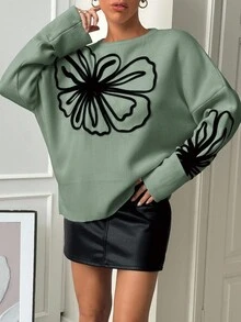 EURMUSE Women's Floral Embroidery Colorblock Crew Neck Sweater, Autumn/Winter - Mint Green - View 4
