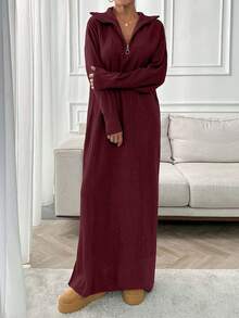 EURMUSE Lange Sweater-Kleider mit Reißverschluss-Details - Bordeaux - Übersicht 3