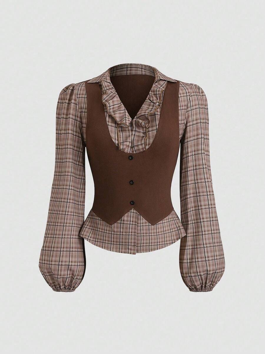 SHEIN PETITE Women's Vintage Elegant Plaid Patchwork Long Sleeve Waist Shirt, Autumn/Winter - Coffee Brown - View 1