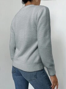 RueChic Women Solid Color Round Neck Long Sleeve Casual Loose Knit Grey Sweater, Autumn/Winter