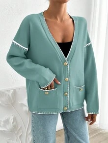 EURMUSE Women Solid Color Deep V-Neck Handmade Stitch Detailed Cardigan - Mint Green - View 6