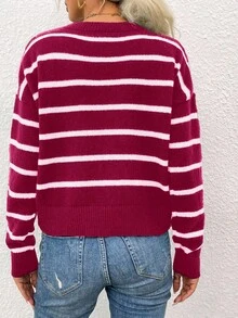 Cloudara Striped & Heart Pattern Drop Shoulder Sweater - Hot Pink - View 2