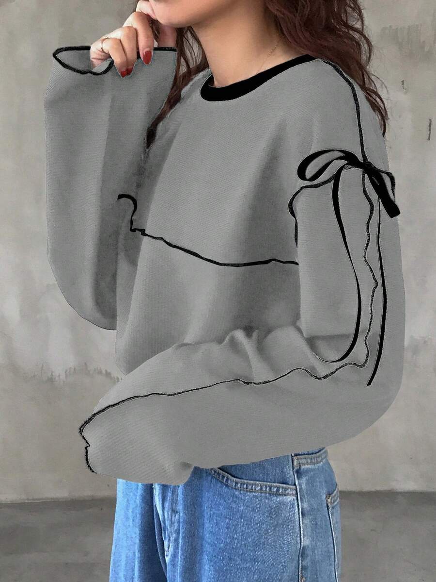 FRIFUL Camiseta de mujer de cuello redondo oversize con contraste de color y lazo