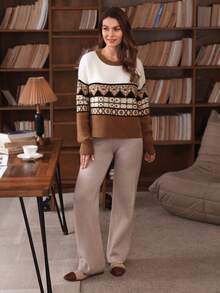 SHEIN Clasi Women's Casual Loose Fit Crew Neck Long Sleeve Jacquard Knit Sweater, Retro Fair Isle Pattern, Autumn/Winter - Camel - View 5