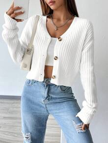 SHEIN Unity Áo khoác cardigan dáng rộng cổ chữ V cài nút phía trước cho nữ, màu trơn, đa năng cho việc đi lại hàng ngày, mùa thu/đông - trắng - Xem 4