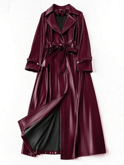 Franclia Plus Size Women Lapel NeckLoose Casual Faux Leather Trench Coat Maroon Dress Luxury Dress For Women Dress Long Long Dress With Sleeves Satin Dresses