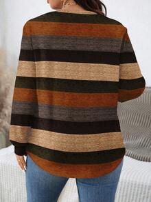 EMERY ROSE Christmas Striped Print Casual Versatile Plus Size Women Crew Neck Loose Long Sleeve Sweatshirt, Autumn/Winter Brown Long Sleeve - Multicolor - View 2