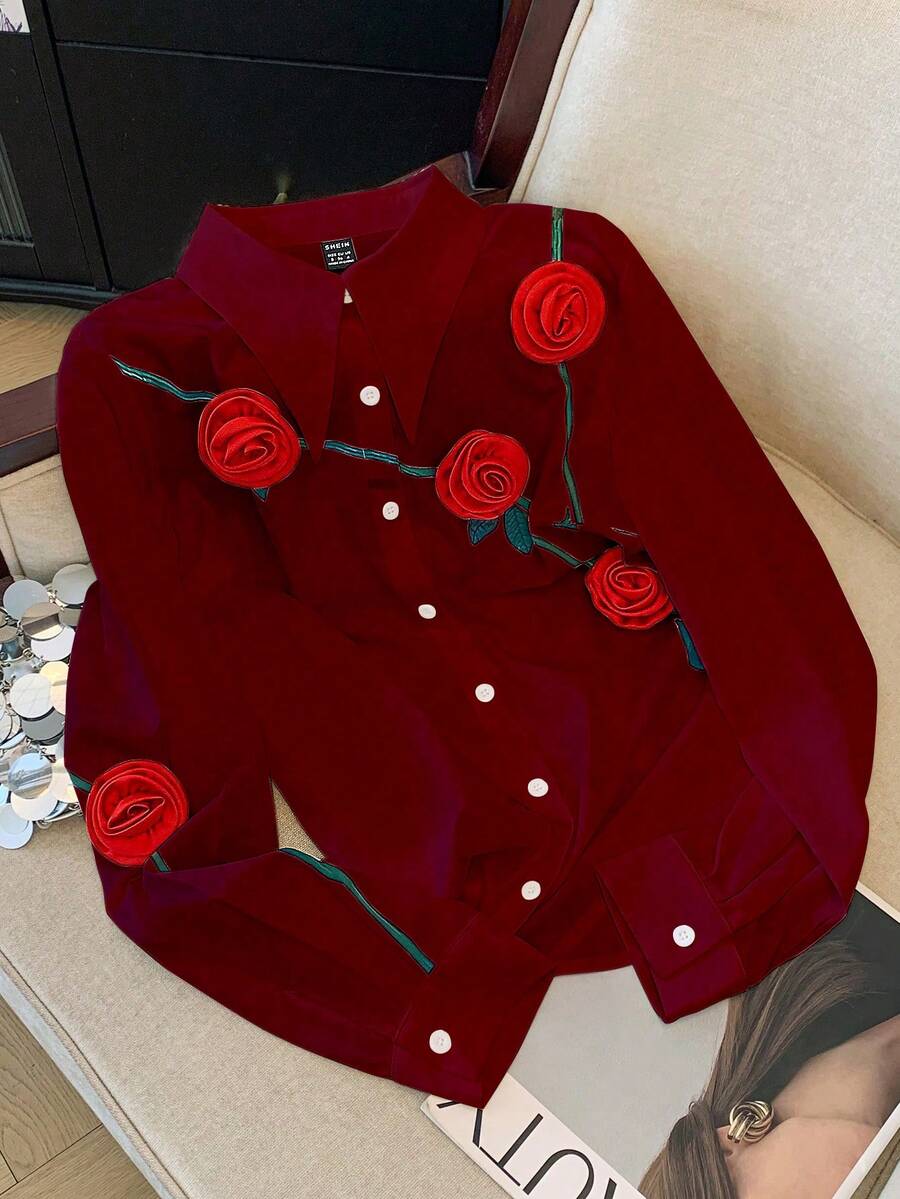 GlowEve Blouse décontractée élégante pour femme, imprimé branche verte + fleur 3D pour la Saint-Valentin, taille standard