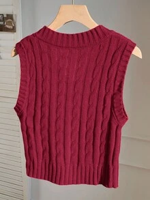 Comfortcana Women's Minimalist Casual Burgundy Equestrian Pattern Knitted Vest, Autumn/Winter Red - Burgundy - View 2