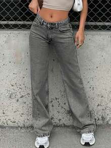SHEIN Tall Tall Low Waist Wide Leg Grey Snow Wash Casual Style Button & Zipper Front Jean - Grey - View 1