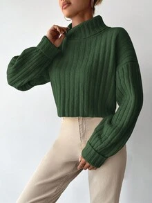 EURMUSE Turtleneck Drop Shoulder Ribbed Knit Crop Sweater - Green - View 4