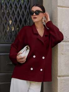 SHEIN Cottnline Women's Casual Everyday Commute Simple Solid Color Lapel Collar Drop Shoulder Loose Double-Breasted Cardigan, Autumn/Winter - Burgundy - View 4
