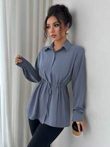 Elenzga Women's Elegant French Office Commute Street Style Utility Shirt, Featuring Shirt Collar, Front Placket, Waist Drawstring, Bowknot Long Sleeve Blouse, Suitable For Spring, Autumn And Winter - Dusty Blue - View 5