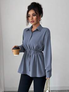 Elenzga Women's Elegant French Office Commute Street Style Utility Shirt, Featuring Shirt Collar, Front Placket, Waist Drawstring, Bowknot Long Sleeve Blouse, Suitable For Spring, Autumn And Winter - Dusty Blue - View 7
