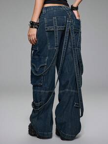 ROMWE Grunge Punk Quần jean ống rộng cạp thấp dáng rộng phong cách Punk Retro Cargo của Kpop - Màu xanh lam - Xem 3