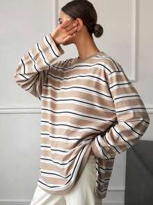 DAZY 女士条纹宽松圆领落肩长袖休闲T恤 - 卡其色 - 查看 3
