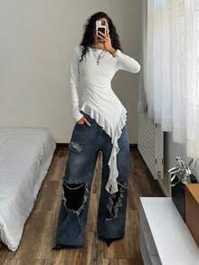 StreetHx 街头服饰女式纯色荷叶边不对称下摆短款长袖连衣裙，秋季 - 白色 - 查看 1