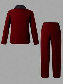 SHEIN 3PCS Tween Boy Gentleman Suit Set: Casual Blazer + Vest + Trousers, Elegant Formal Dress For Birthday Party, Wedding, Christening, Anniversary, Graduation Ceremony - Burgundy - View 2