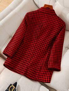 Franclia 女式缺口领千鸟格纽扣口袋休闲通勤西装外套，秋冬 - 酒紅色 - 查看 2
