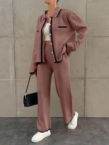EURMUSE Bộ 2 áo len cardigan dệt kim cài nút màu tương phản cho nữ và quần dài, mùa thu - Màu hồng gỉ - Xem 5