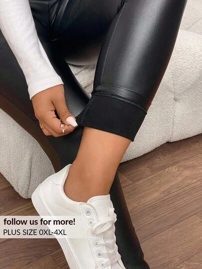 Lounesse Plus Size Women Commuter Casual Solid High Waist PU Leather Leggings Black Pleather Leggings Black Leather Leggings Black Leggings For Women Black Pu Leather Pants Black Leather Pants Black Faux Leather Leggings Leather Pants For Women