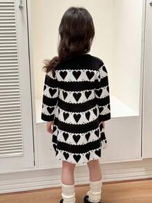 SHEIN Young Girl Contrast Color Round Neck Long Sleeve Heart Pattern Casual Sweater Dress - Black and White - View 2