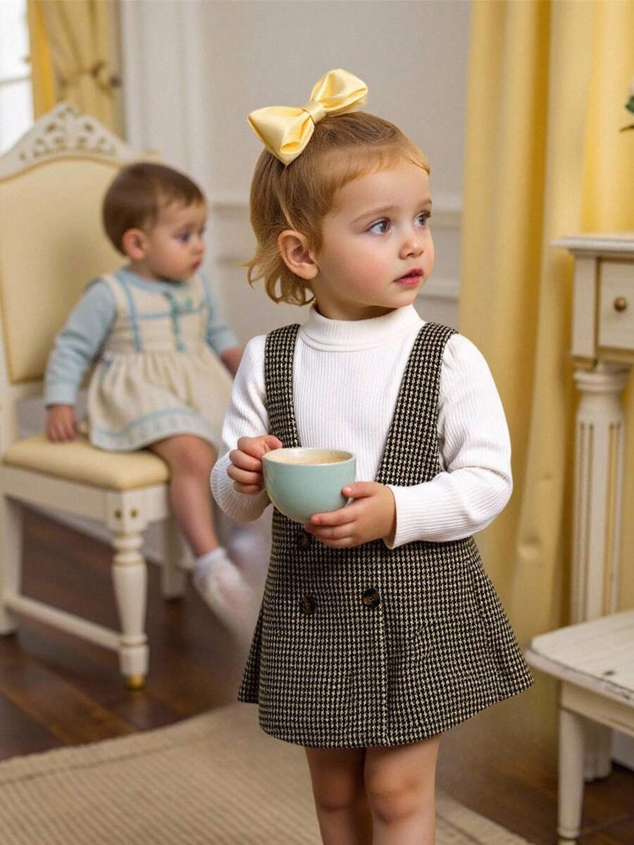 Souflis Souflis 嬰兒女孩泡泡袖連身衣和千鳥格印花吊帶裙