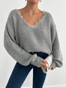 EURMUSE Casual Lace Trim Drop Shoulder Sweater, Autumn/Winter - Grey - View 5