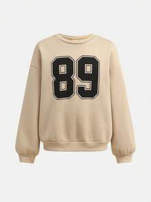 SHEIN Girlism 青少年女孩休闲校园街头风格字母和数字图案圆领运动衫和褶皱阔腿直筒裤针织运动服返校装 - 杏色 - 查看 6