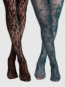 ROMWE Grunge Punk 2 Pairs Floral Lace Fishnet Tights, Vintage Erotic Opaque Pantyhose, Thin And Stretchy Sheer Stockings - Multicolor - View 1