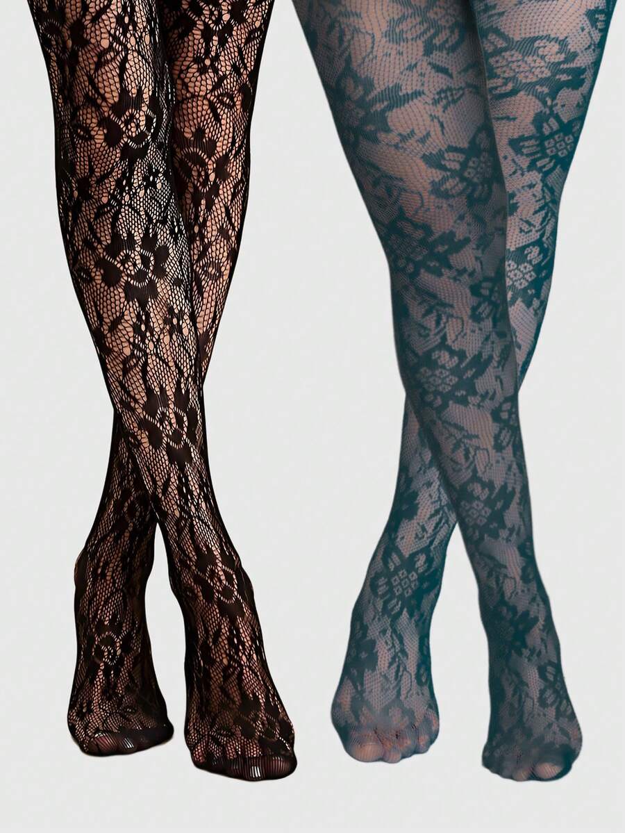ROMWE Grunge Punk 2 Pairs Floral Lace Fishnet Tights, Vintage Erotic Opaque Pantyhose, Thin And Stretchy Sheer Stockings - Multicolor - View 1
