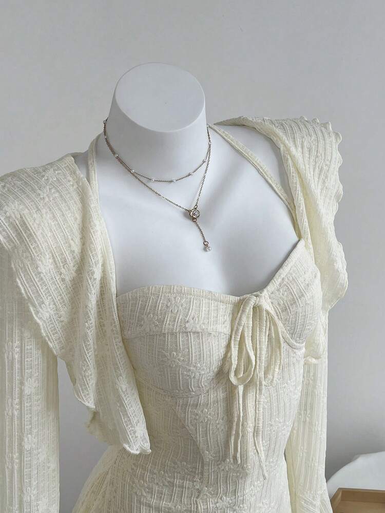 Elamini Set de 2 piezas con top de tirantes con encaje y vestido mini de línea A con cuello de encaje y lazo en la cintura para mujer, para otoño/invierno - Albaricoque - Añade 3