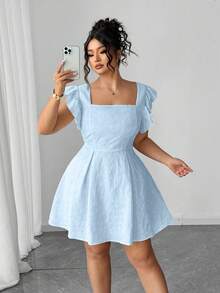 Elenzga Plus Size Women's Elegant Vacation Style Solid Color Jacquard Ruffle Armhole Waist Cinched Dress, Summer