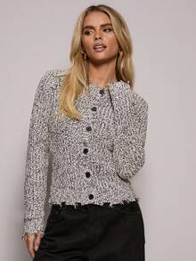 SHEIN BAE Cardigan tricoté décontracté à col rond et manches longues, à simple boutonnage, pour femmes. Automne/Hiver, Hiver, Automne pour femmes, Pulls d'hiver pour femmes, Halloween, Costume d'Halloween pour femmes, Noël, Pull de Noël, Noël pour femmes, Nouvel An, Soirée, Élégant, décontracté, Pull mosaïque noir, Cardigan, Cardigan décontracté, Top de sortie, Pull à la mode - Noir et Blanc - Voir 4