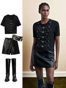 Maija Women's Sequin & Rhinestone Decorated Short Sleeve Knit Top , Luxury Women's Black Knit Top  Winter Clothes