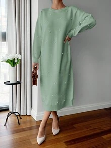 EURMUSE 女士纯色圆领珍珠细节长款毛衣连衣裙