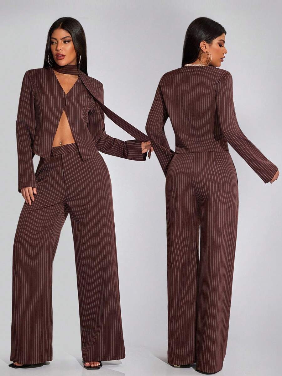 INAWLY 2pcs Women Casual Striped Print Long Sleeve Top And Wide Leg Pants Set With Sash, Spring/Autumn - Coffee Brown - View 1