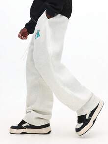 SUMWON Pantalón de chándal de pierna recta con estampado de LA, cintura con cordón casual, ajuste relajado, liso jaspeado - Gris - Ver 4