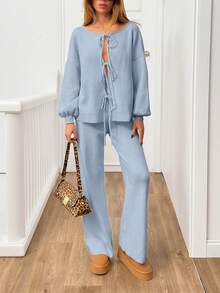 RueChic 2pcs Women Solid Color Front Tie Long Sleeve Top & Pants Casual Set - Baby Blue - View 5