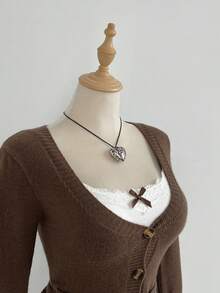 Elamini Cárdigan casual ajustado para mujer con bloques de color y decoración de lazo, de manga larga - Marrón - Ver 4