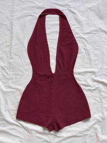 Soleia Women's Solid Color Minimalist Halter Jumpsuit, Everyday Wear,New Year Clothes,Chic Women's Jumpsuit - Burgundy - View 2