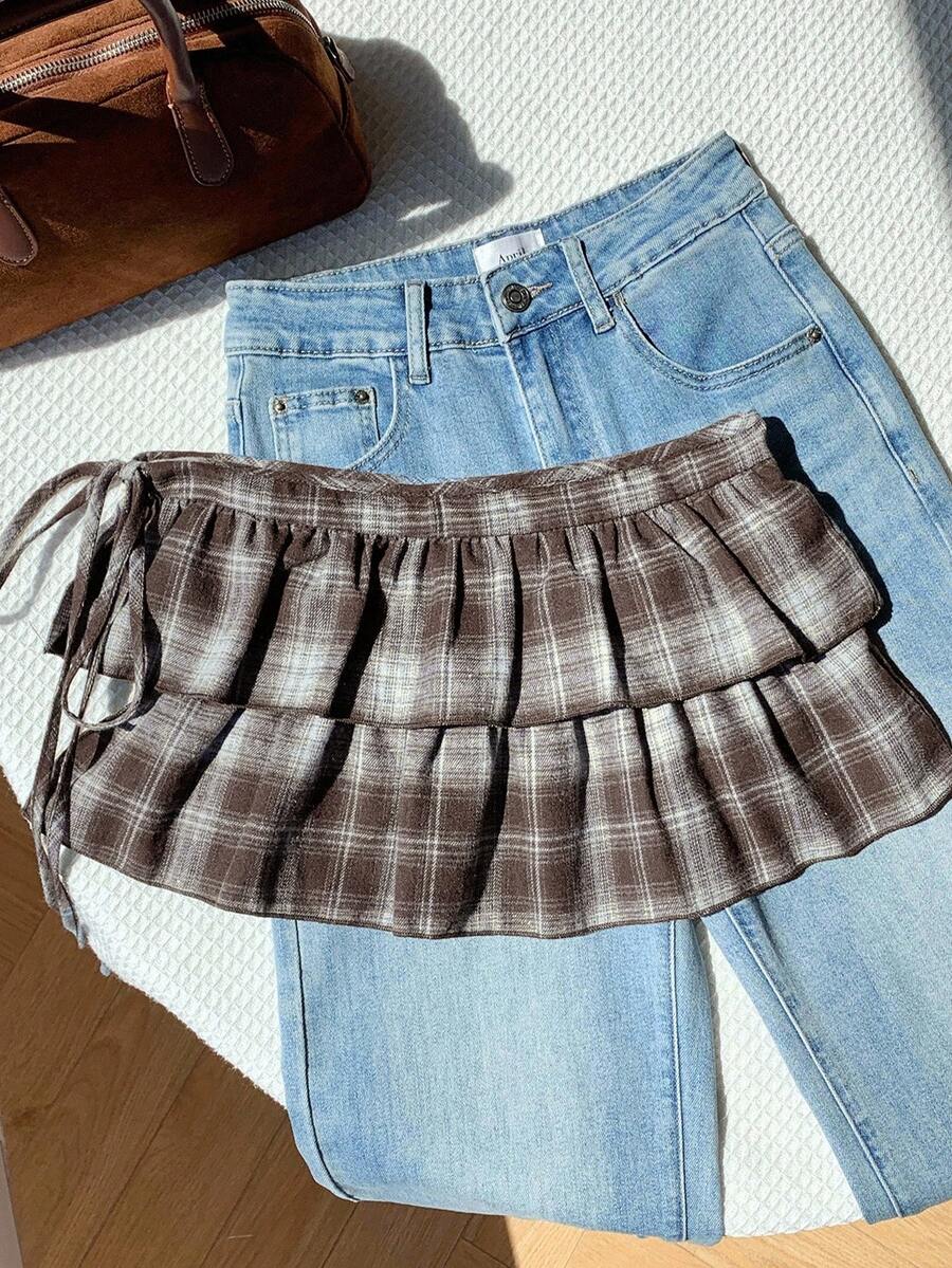 SHEIN Comfortcana Women's Fashionable Plaid Print Mini Skirt - Coffee Brown - View 1