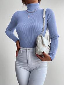 EURMUSE Damski sweter typu pullover, prosty, jednokolorowy, na co dzień, z wysokim kołnierzem i długim rękawem, dopasowany, jesień/zima